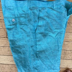 Mens aqua teal linen summer pants.Zipper with clasp button Back pockets.Slimfit